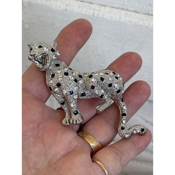 Vintage 1980s Large Statement Brooch Rhinestone leopard Big Cat Open Mouth - Picture 2 of 9